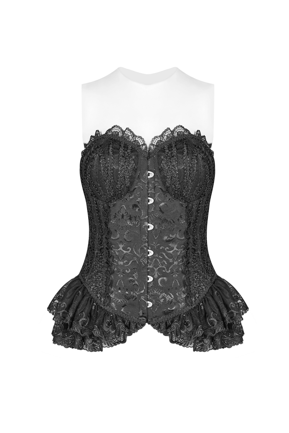 Elegant Lace Corset with Ruffled Hem and Intricate Details