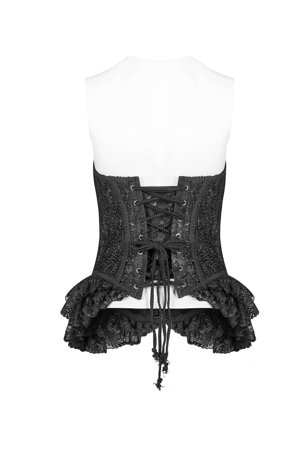 Elegant Lace Corset with Ruffled Hem and Intricate Details