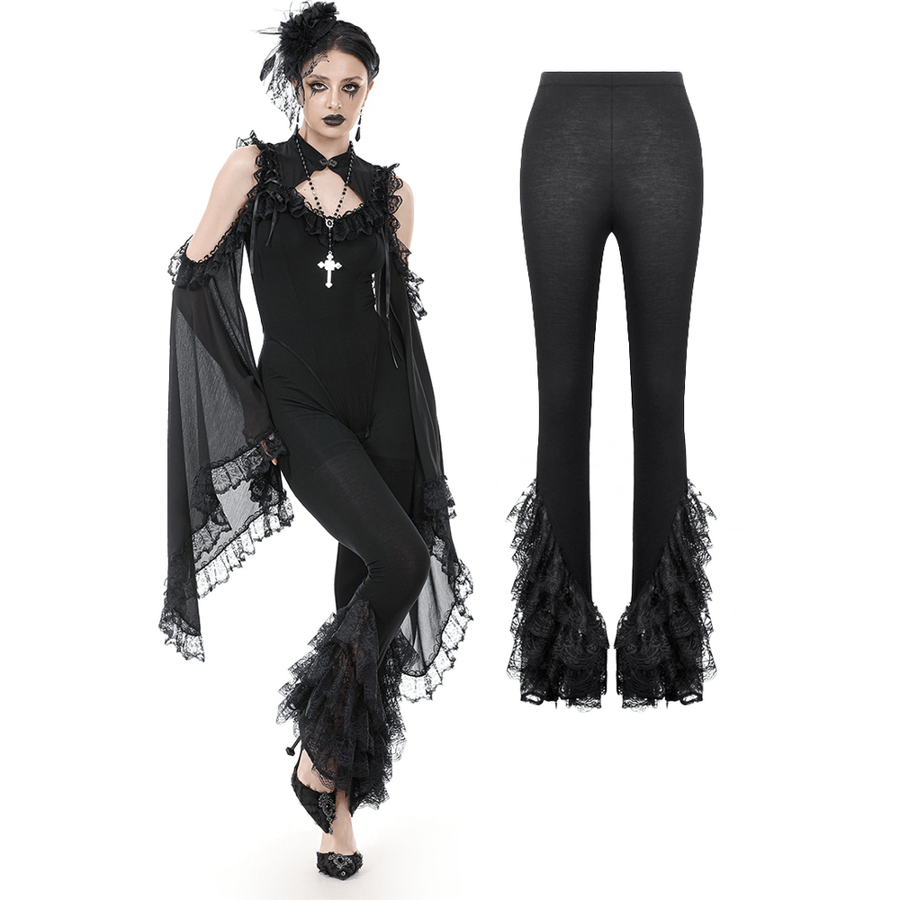 Elegant Lace Flare Pants with Layered Ruffled Hem Design showcased with a gothic outfit.