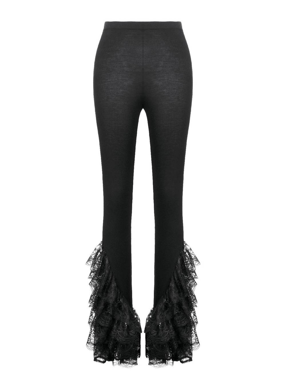 Elegant Lace Flare Pants with Layered Ruffled Hem Design showcasing dramatic lace detail and a fitted high waist.