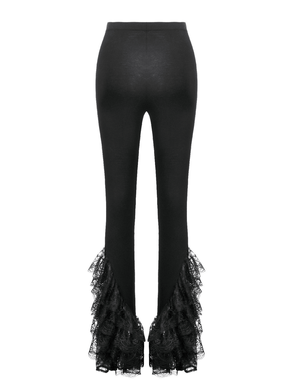 Elegant Lace Flare Pants with Layered Ruffled Hem Design in black with dramatic lace detailing on hem.