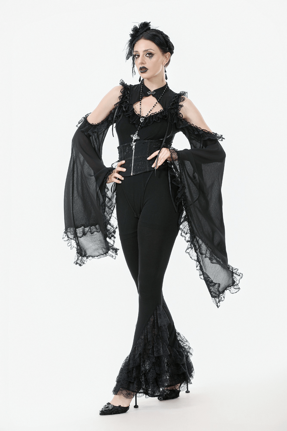 Elegant Lace Flare Pants with Layered Ruffled Hem Design worn by a gothic model in black outfit.