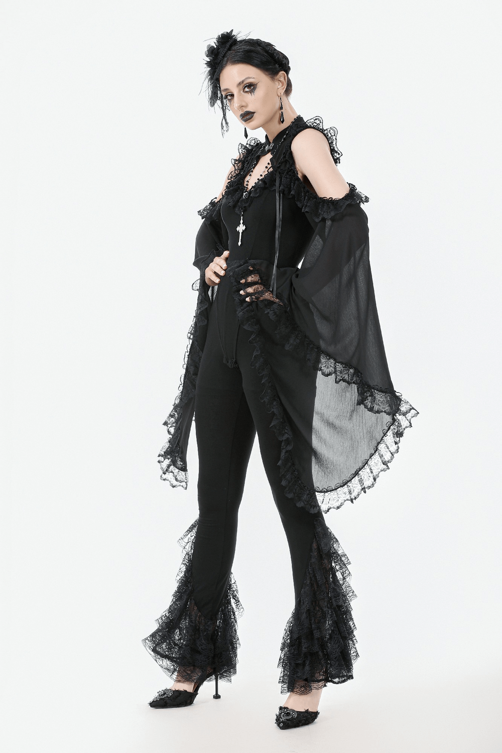 Elegant Lace Flare Pants with Layered Ruffled Hem Design styled with a dramatic gothic outfit.