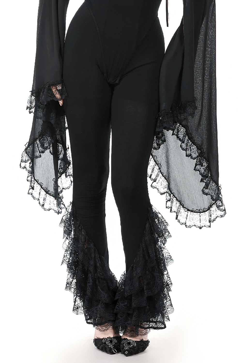 Elegant Lace Flare Pants with Layered Ruffled Hem Design featuring dramatic lace ruffles and a high waist for gothic elegance.