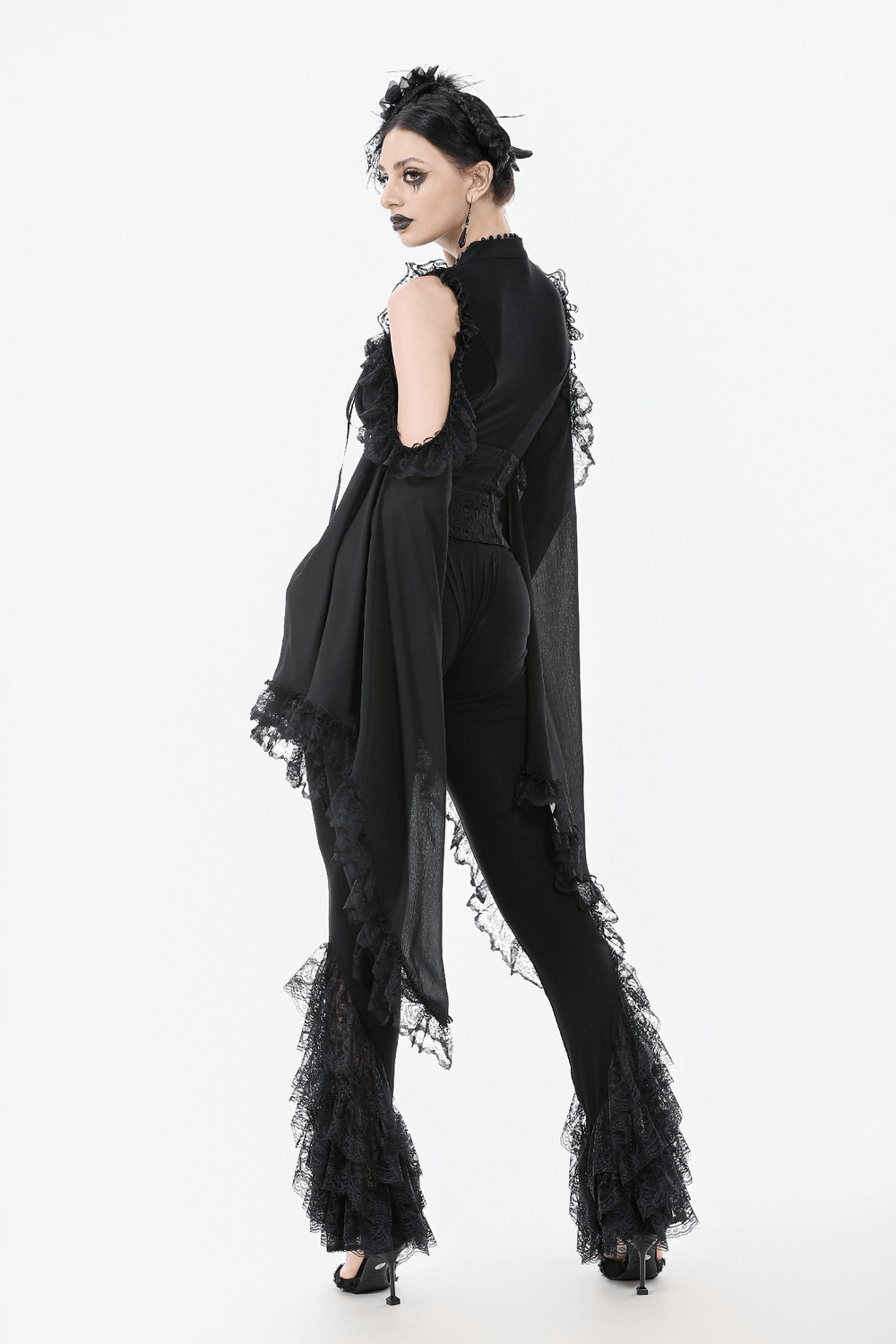 Elegant Lace Flare Pants with Layered Ruffled Hem Design showcased in a gothic style with dramatic ruffles and soft lace detailing.
