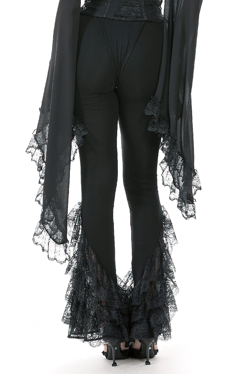 Elegant Lace Flare Pants with Layered Ruffled Hem Design showcasing a gothic style with ruffled lace hem and fitted silhouette.