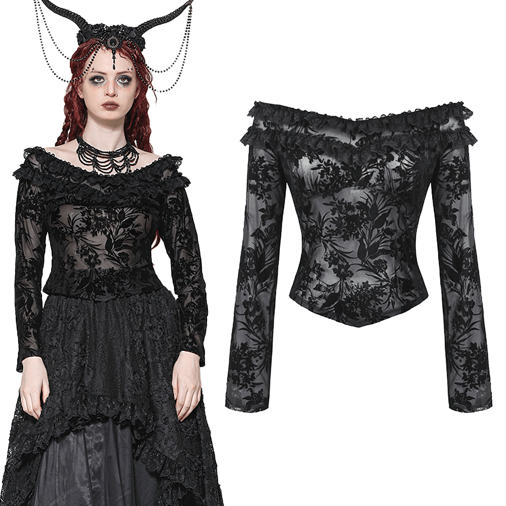 Elegant lace floral Bardot top, sheer off-shoulder mesh, long sleeves, perfect for gothic evening wear.