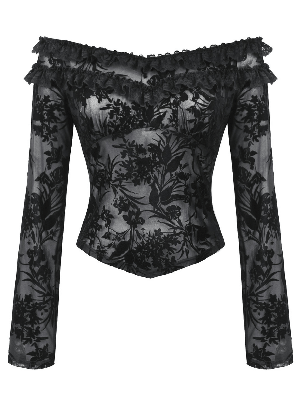 Elegant black lace floral Bardot top with long sleeves, featuring sheer mesh and ruffled detailing for a romantic gothic look.