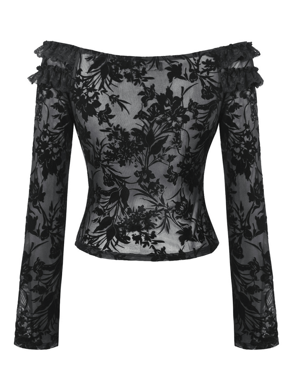 Elegant black lace floral Bardot top with long sheer sleeves, perfect for gothic evening wear and dramatic style.
