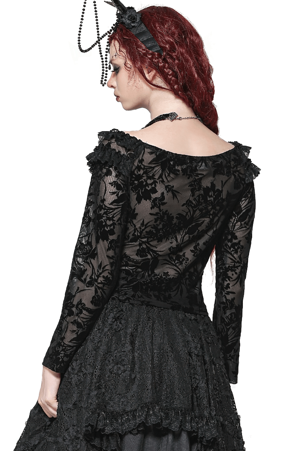Elegant lace floral Bardot top with long sleeves in sheer black mesh, perfect for gothic evening wear.