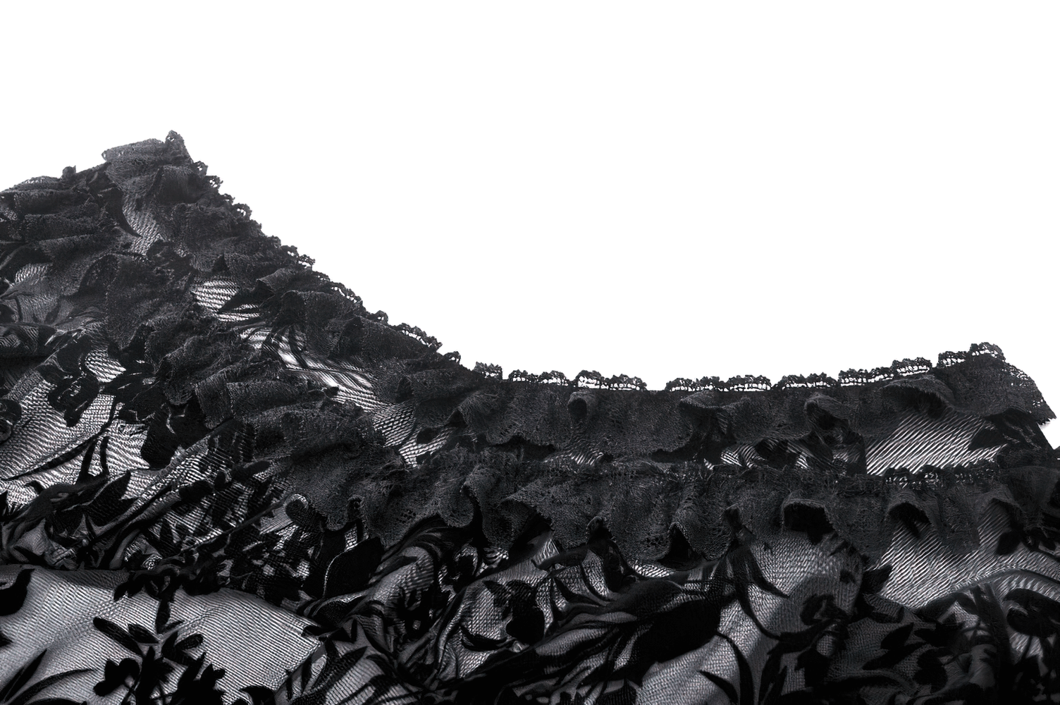 Elegant lace floral Bardot top showcasing dark sheer fabric and ruffled neckline for a romantic gothic look.