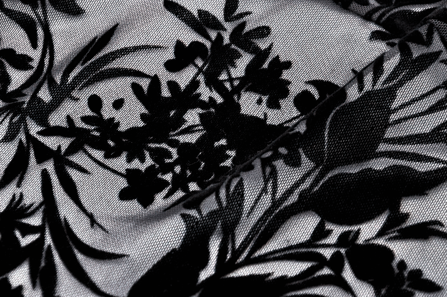 Elegant black floral lace pattern on sheer fabric, ideal for dark romantic tops and gothic styling.