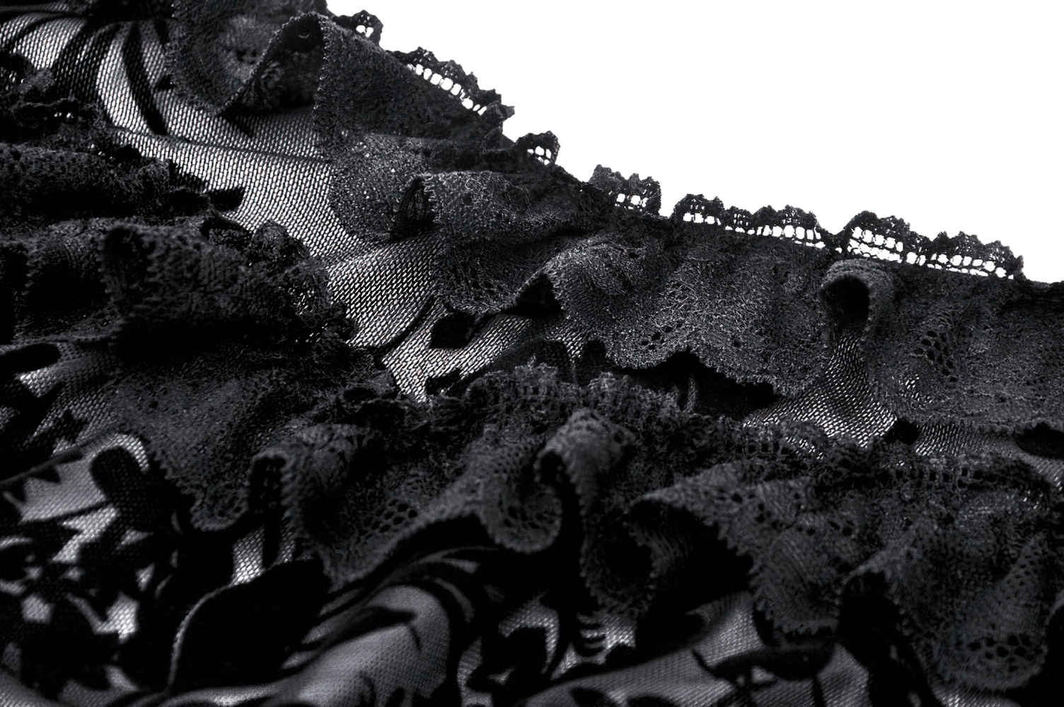 Close-up of elegant black floral lace with ruffled edges, showcasing sheer texture perfect for a dark romantic style.