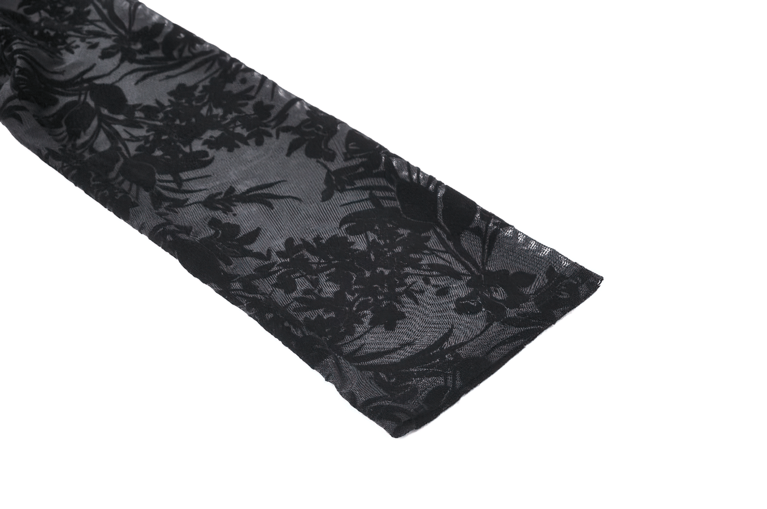 Close-up of sheer black floral lace fabric, showcasing intricate patterns and textures for a romantic style.