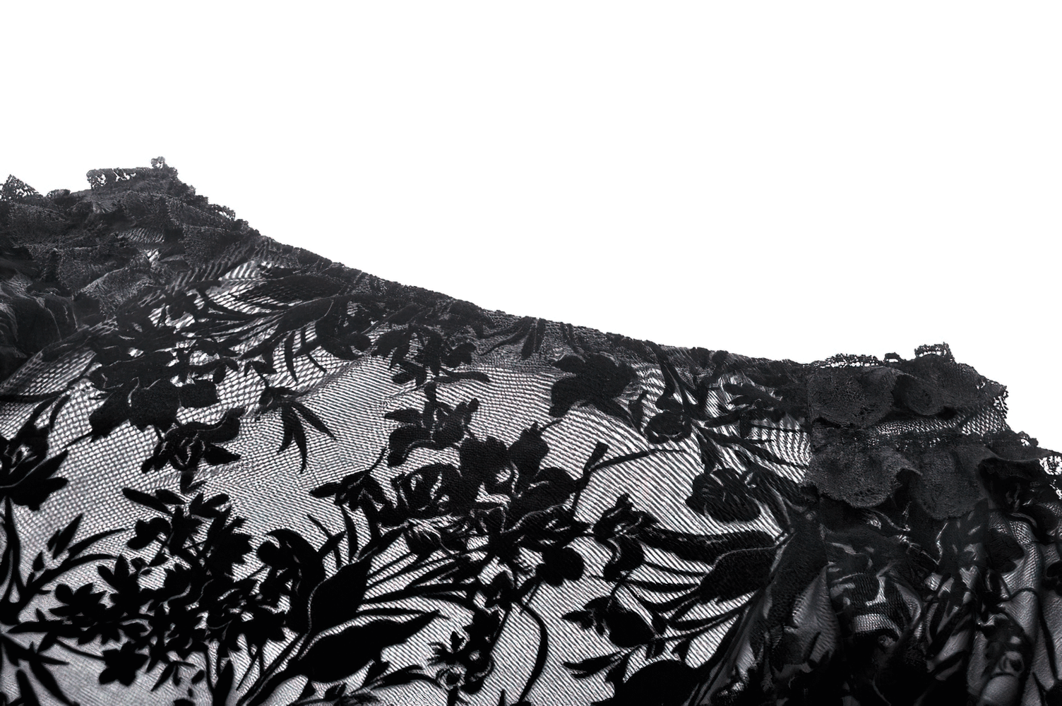 Elegant dark floral lace detail of sheer off-shoulder Bardot top, showcasing romantic Victorian style.