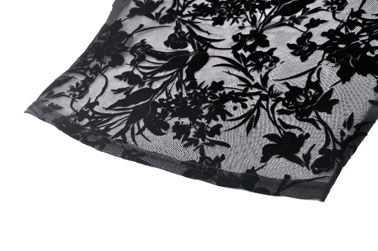 Dark floral lace detail of a sheer off-shoulder mesh top, perfect for gothic romantic styles.