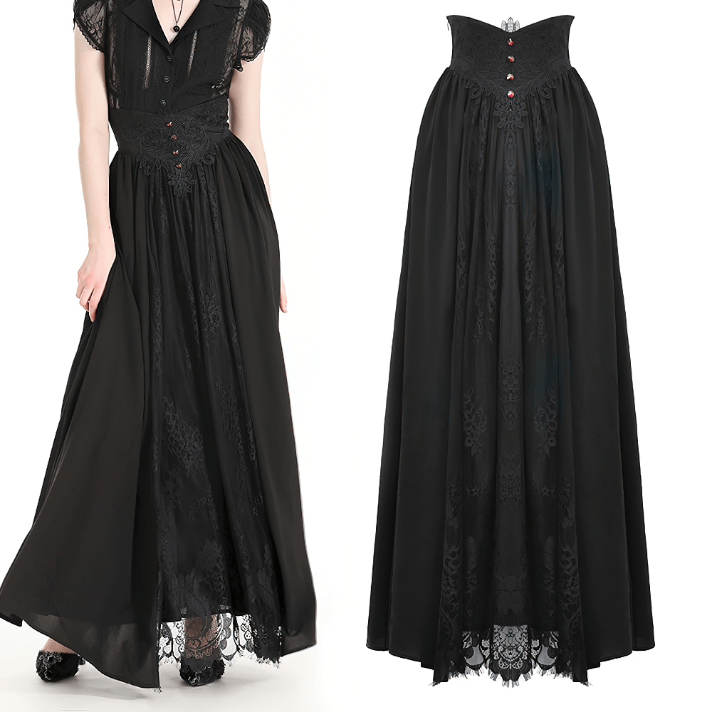 Elegant black gothic lace high waist maxi skirt with button accents, showcasing intricate detailing and A-line silhouette.