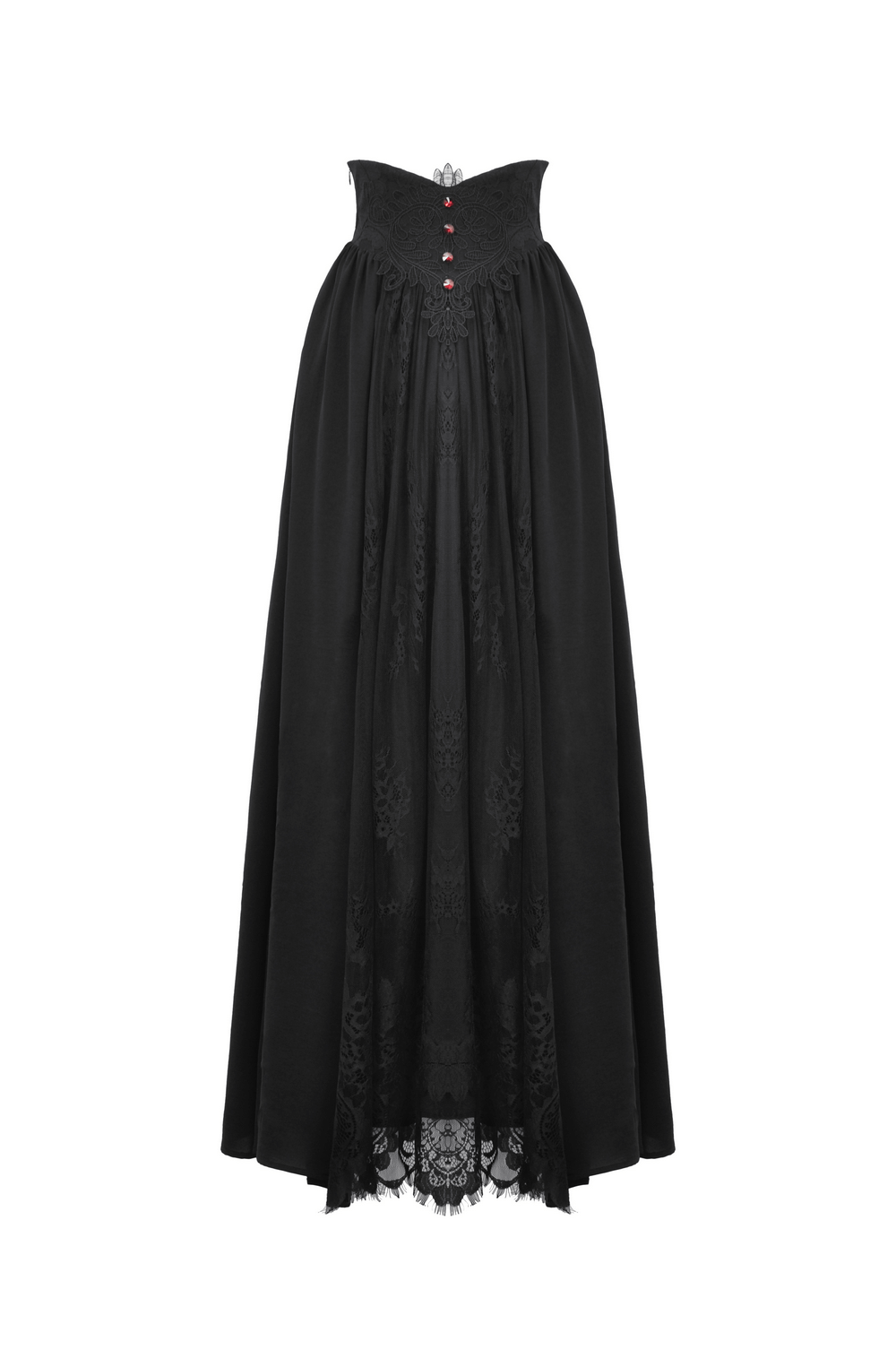 Elegant black lace high waist long skirt with button accents, perfect for gothic fashion and sophisticated looks.