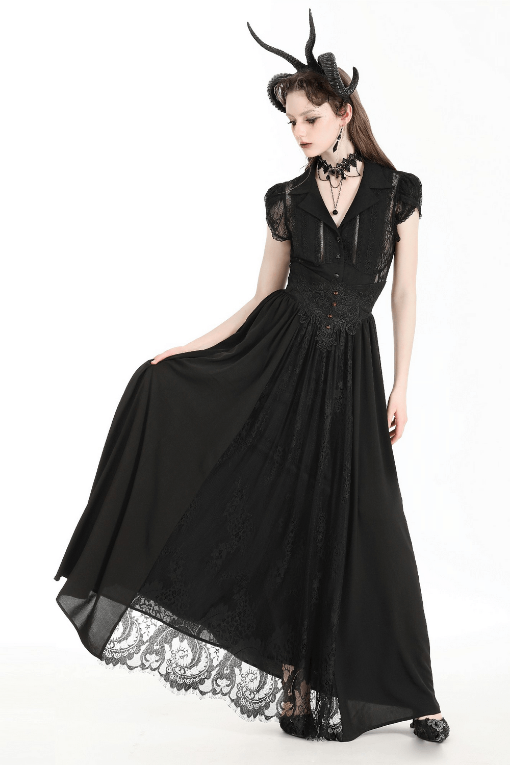 Elegant black lace high waist maxi skirt with button accents, perfect for a dramatic gothic look.
