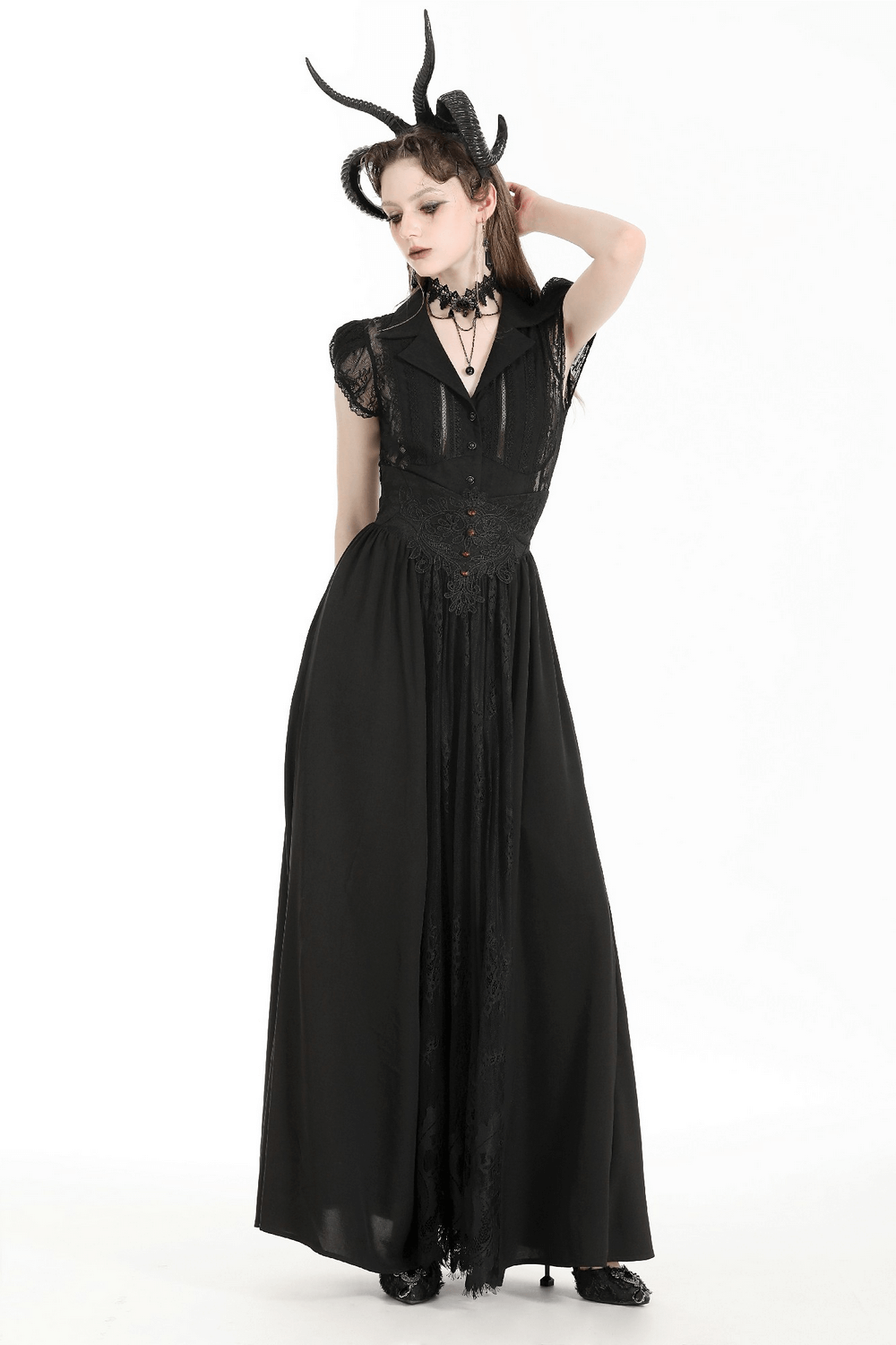 Elegant black lace high waist maxi skirt worn by model with gothic accessories and horned headpiece.