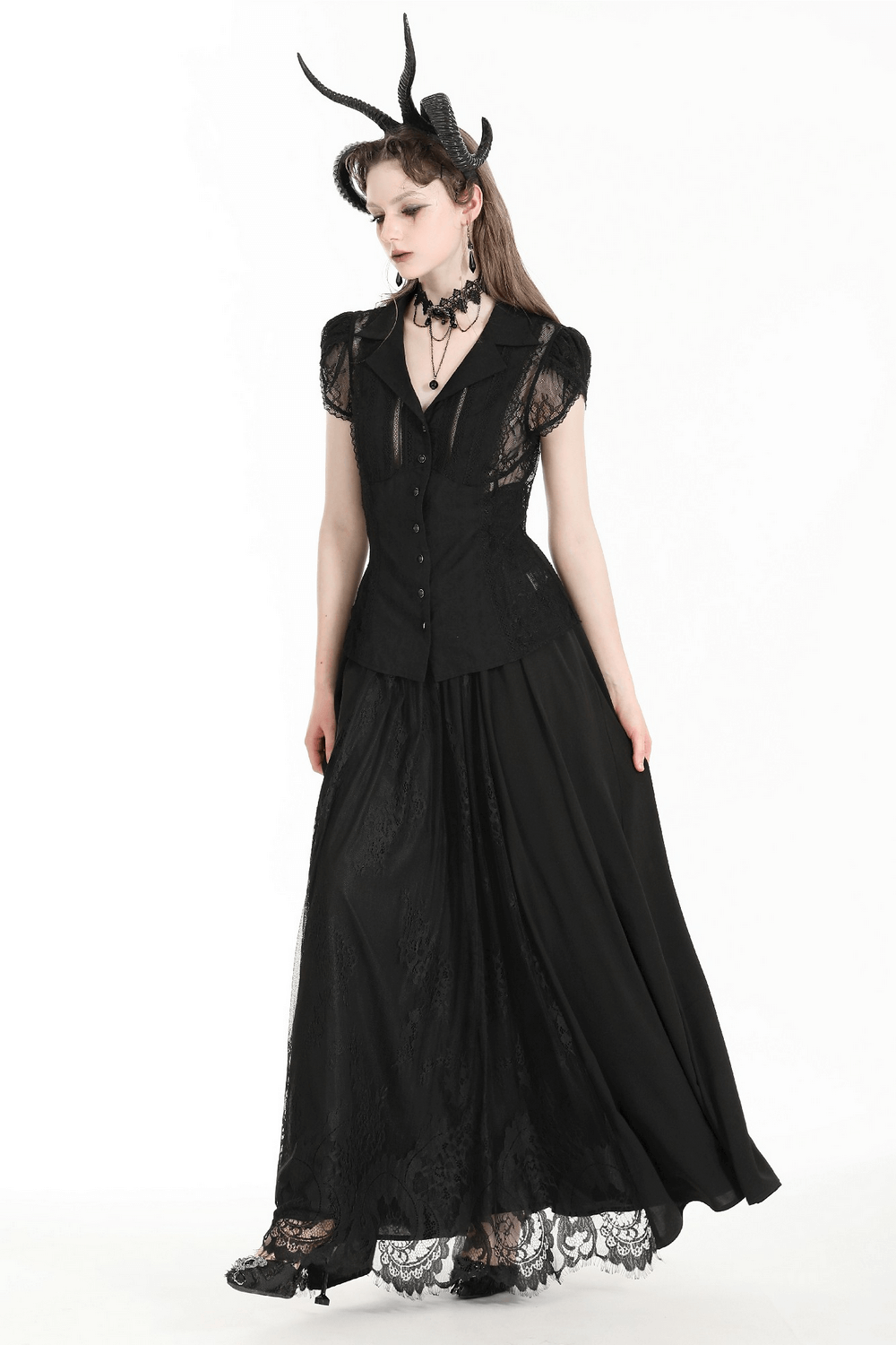 Elegant black gothic lace high waist long skirt with intricate detailing and stylish button accents.