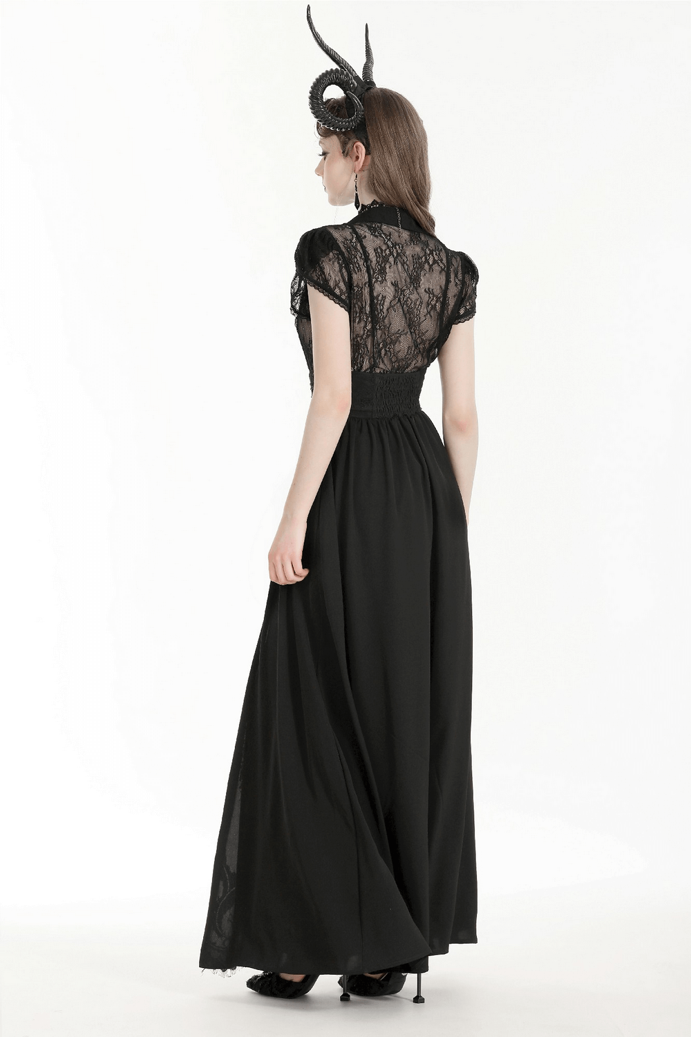 Elegant black lace high waist maxi skirt showcasing back design and flowing silhouette for gothic fashion lovers.