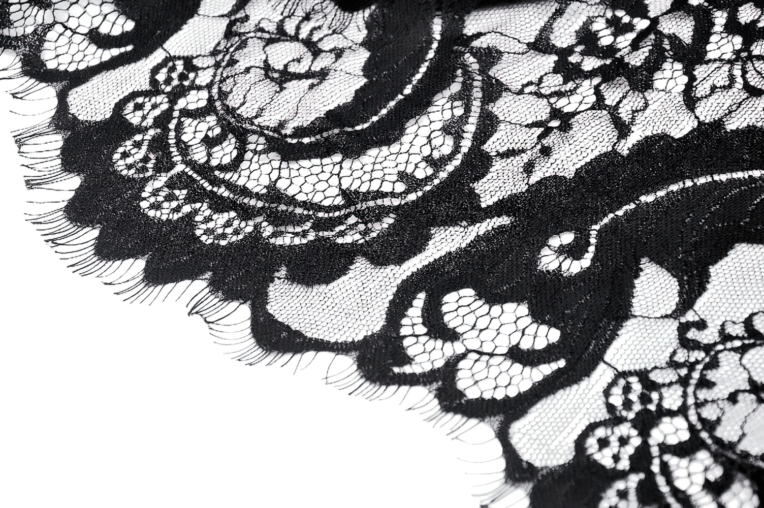 Intricate black lace fabric showcasing detailed floral patterns, perfect for gothic fashion accents.