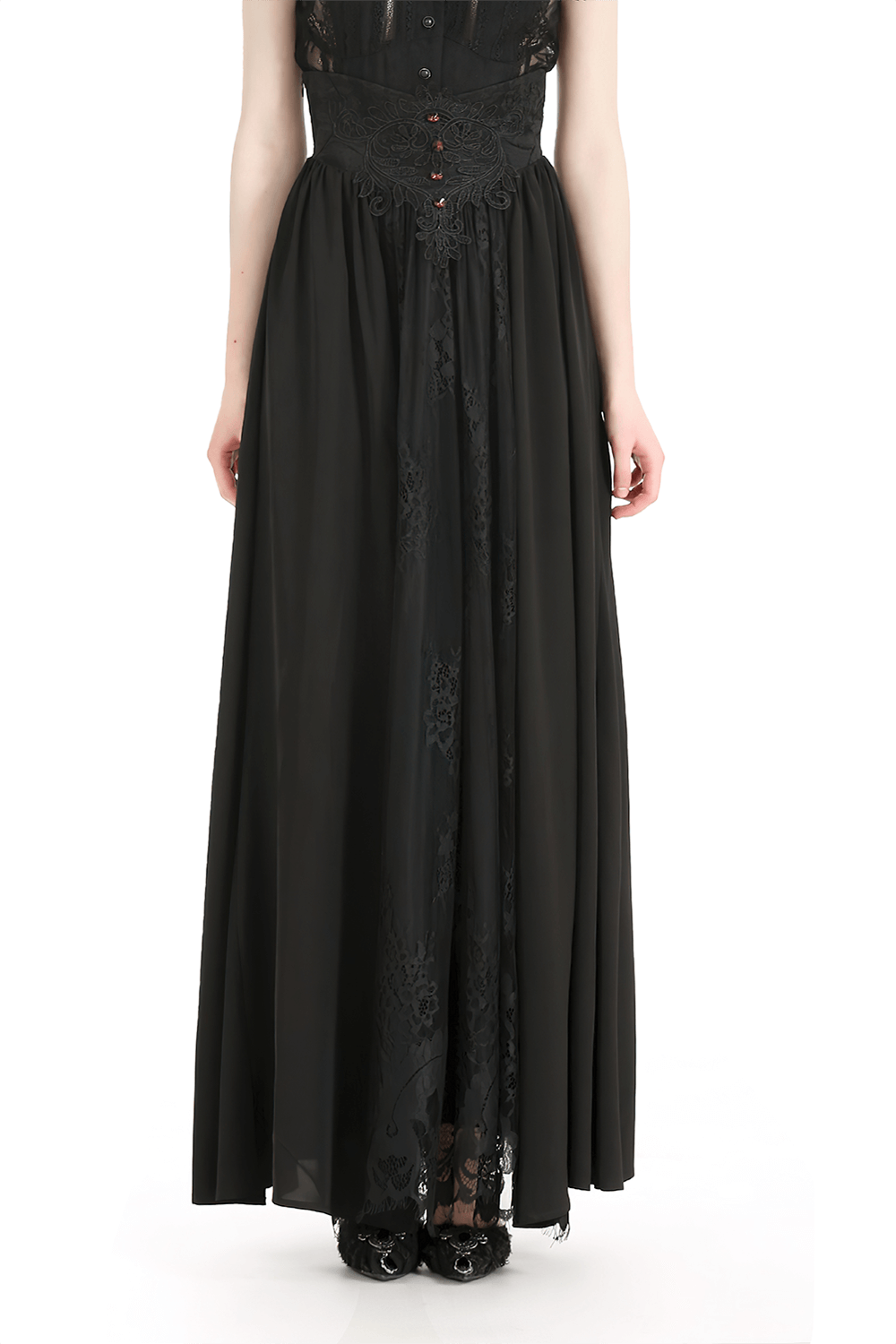 Elegant black gothic lace high waist maxi skirt with button accents for women.