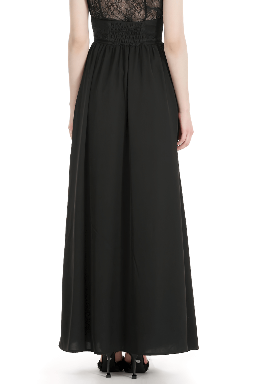 Elegant black high waist maxi skirt featuring a lace overlay and flowy silhouette, perfect for gothic-inspired outfits.