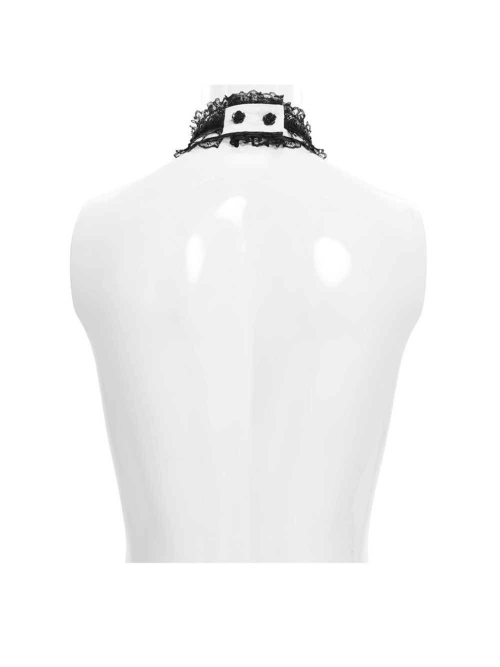 Elegant Lace Jabot Choker With Cross Pendant Charm showcasing ruffled lace collar and button closure on mannequin.