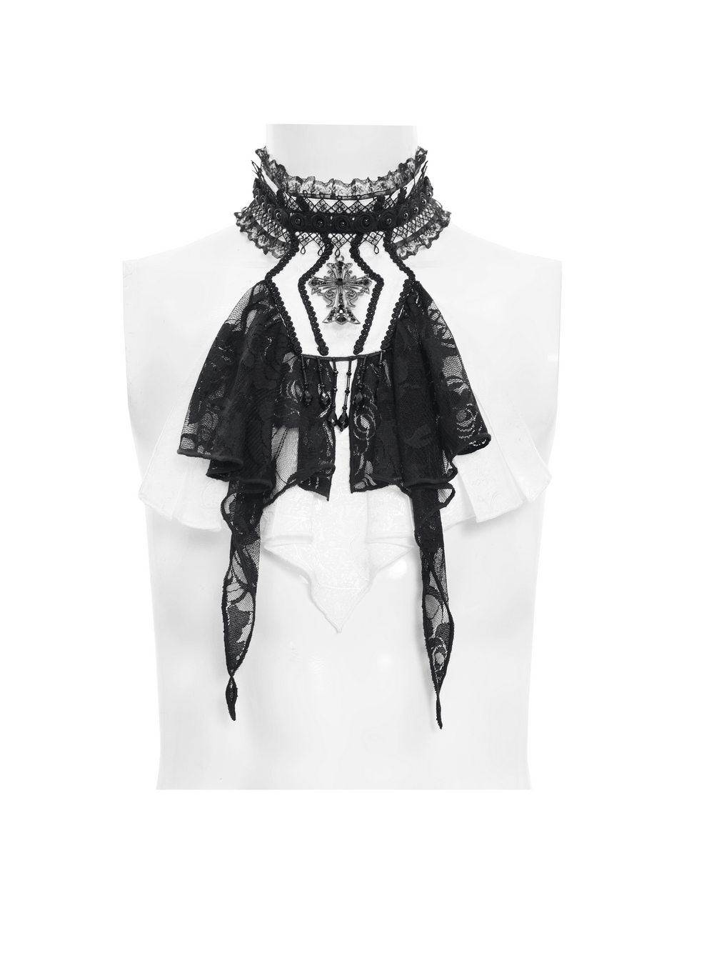 Elegant Lace Jabot Choker With Cross Pendant Charm on a mannequin showcasing layered ruffled lace and gothic details.