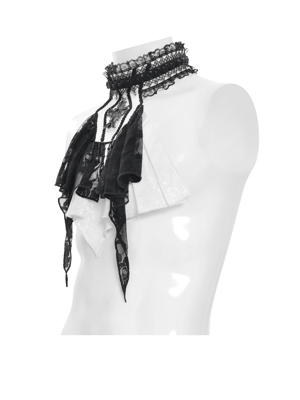 Elegant Lace Jabot Choker With Cross Pendant Charm showcased on a mannequin in elegant black and white lace.