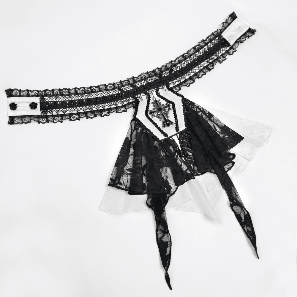 Elegant Lace Jabot Choker With Cross Pendant Charm showcasing delicate ruffles and intricate lace details.