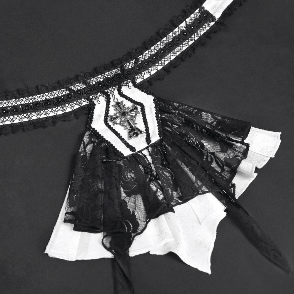 Elegant Lace Jabot Choker With Cross Pendant Charm featuring gothic lace, ruffles, and a striking cross pendant.