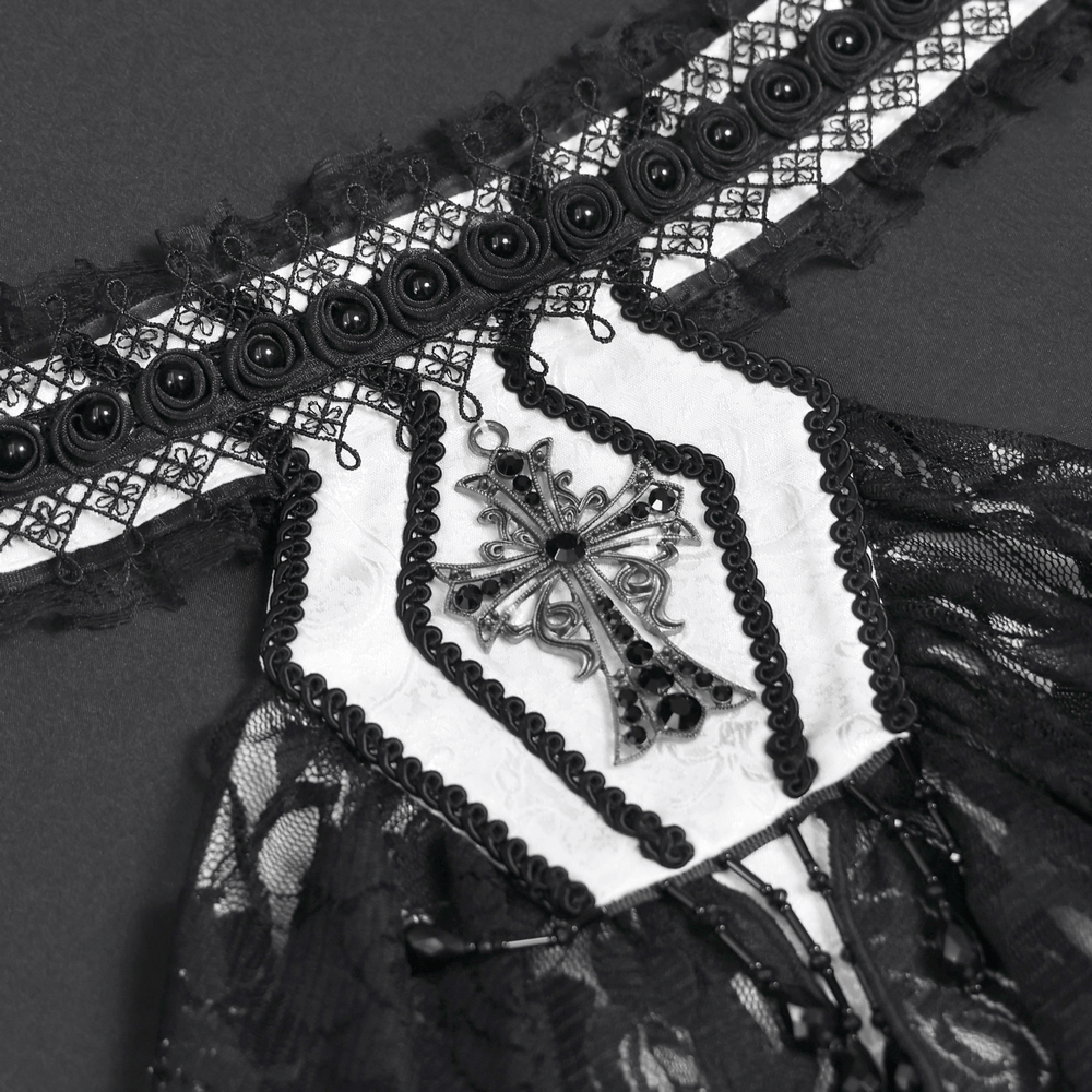 Elegant Lace Jabot Choker With Cross Pendant Charm featuring layered ruffles and a gothic cross pendant.