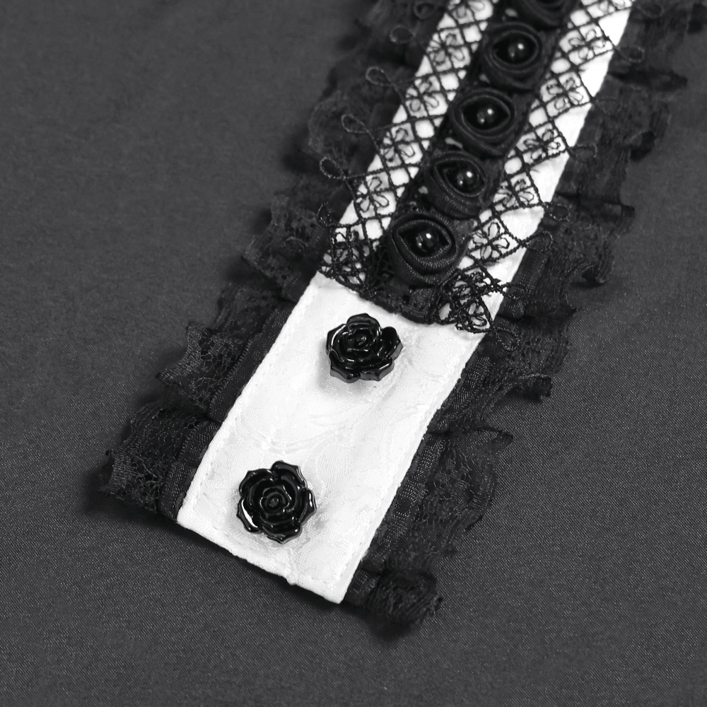 Elegant Lace Jabot Choker With Cross Pendant Charm featuring intricate black lace and rose details.