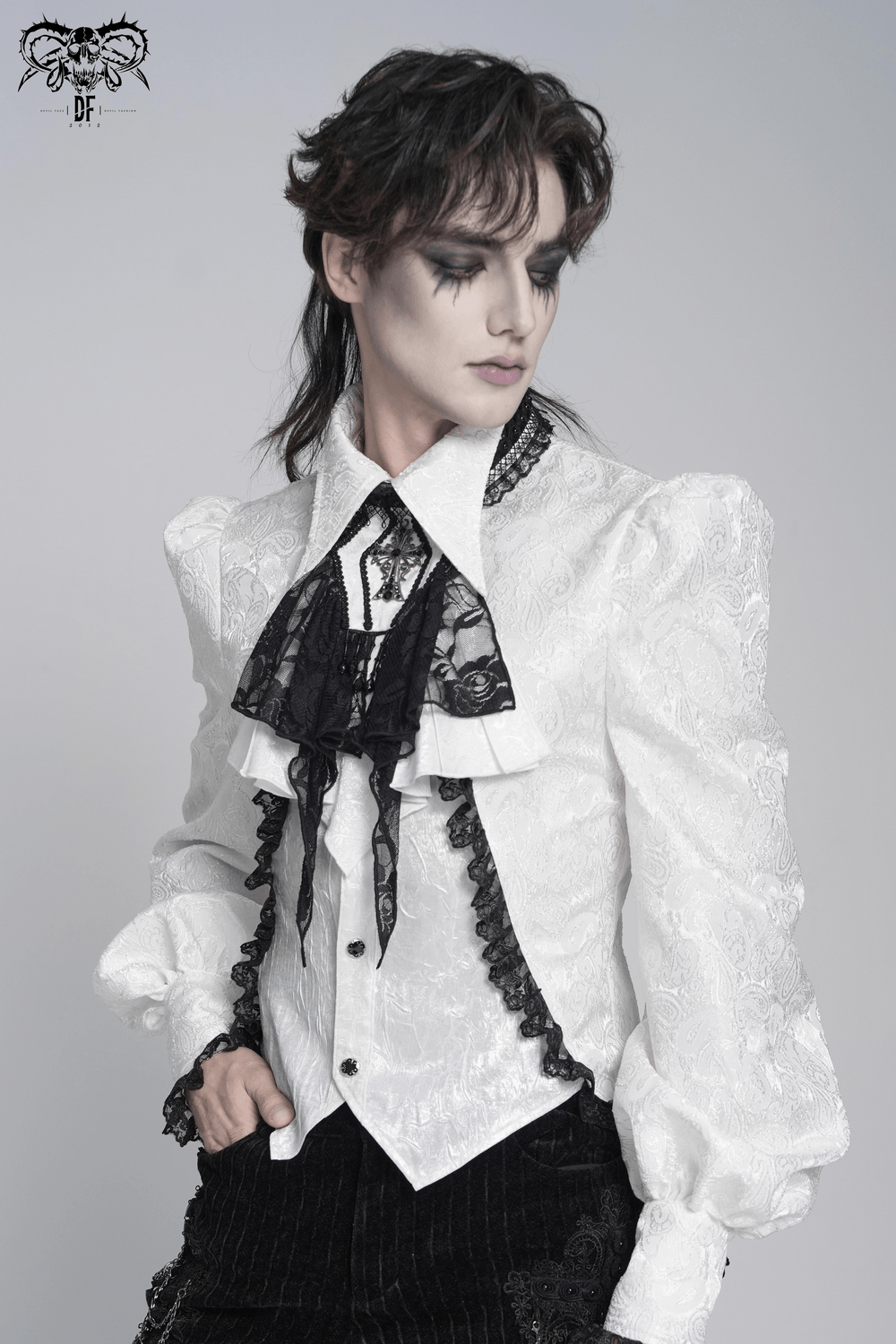 Elegant Lace Jabot Choker With Cross Pendant Charm worn with a ruffled white Victorian collar fashion look.