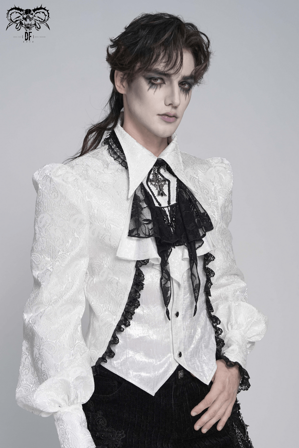 Elegant Lace Jabot Choker With Cross Pendant Charm styled in a gothic fashion shoot.
