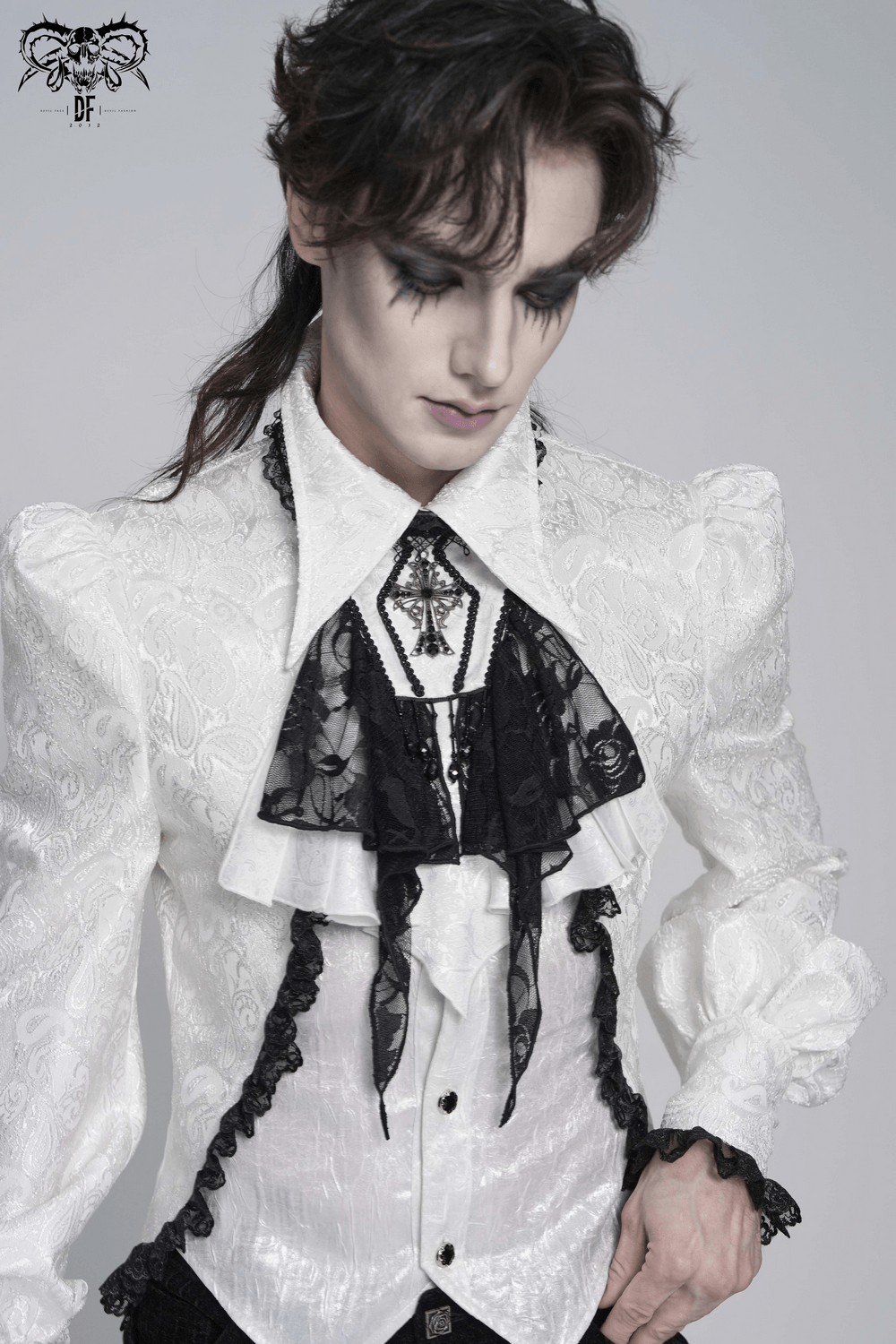 Elegant Lace Jabot Choker With Cross Pendant Charm styled with a Victorian shirt and ruffled black lace details.