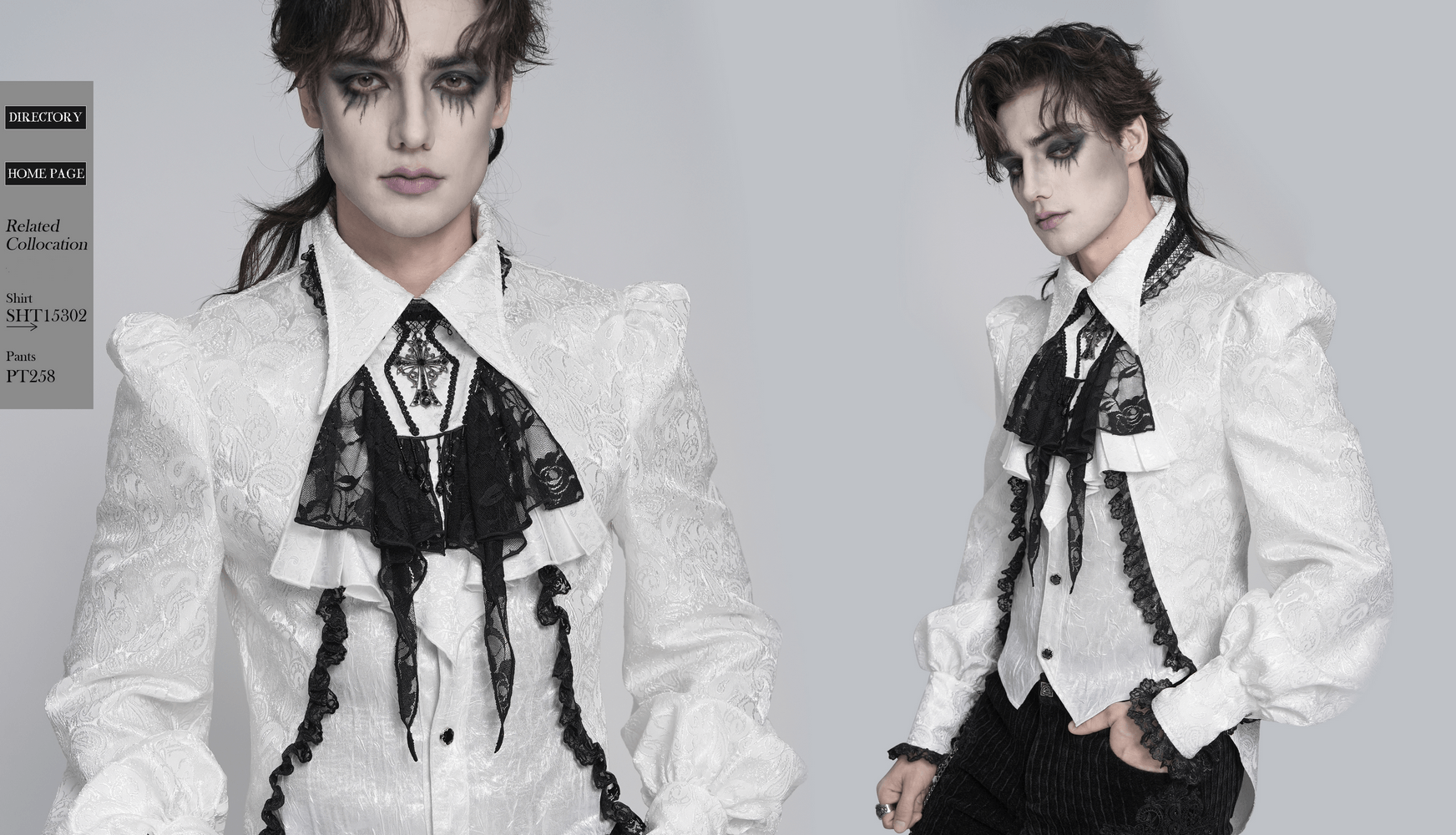 Elegant Lace Jabot Choker With Cross Pendant Charm showcased in a gothic Victorian style outfit.