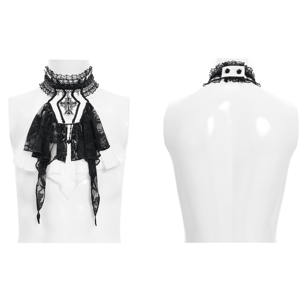 Elegant Lace Jabot Choker With Cross Pendant Charm featuring ruffled lace and a vintage Victorian design in black and white.