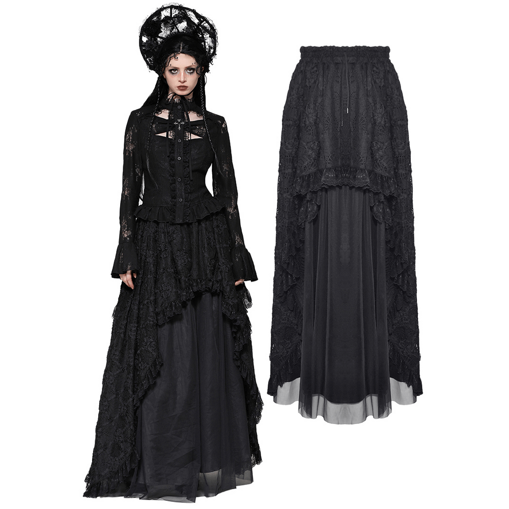 Elegant black gothic lace layered maxi skirt with elastic waistband, showcasing dramatic high-low silhouette and intricate design.