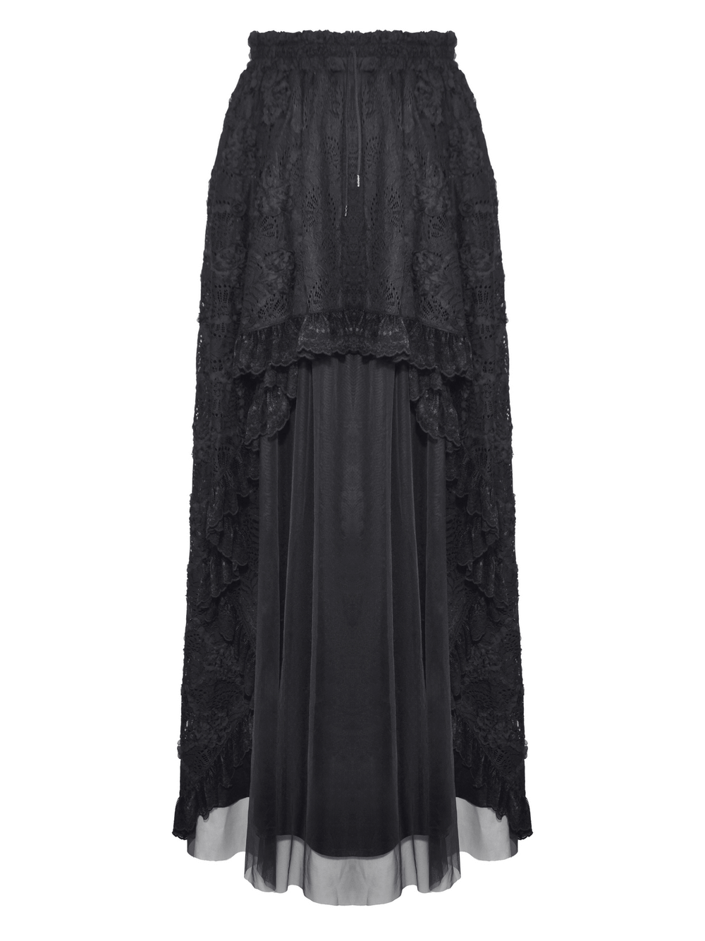 Elegant black high-low maxi skirt with lace overlay and elastic waistband, perfect for gothic-inspired outfits.