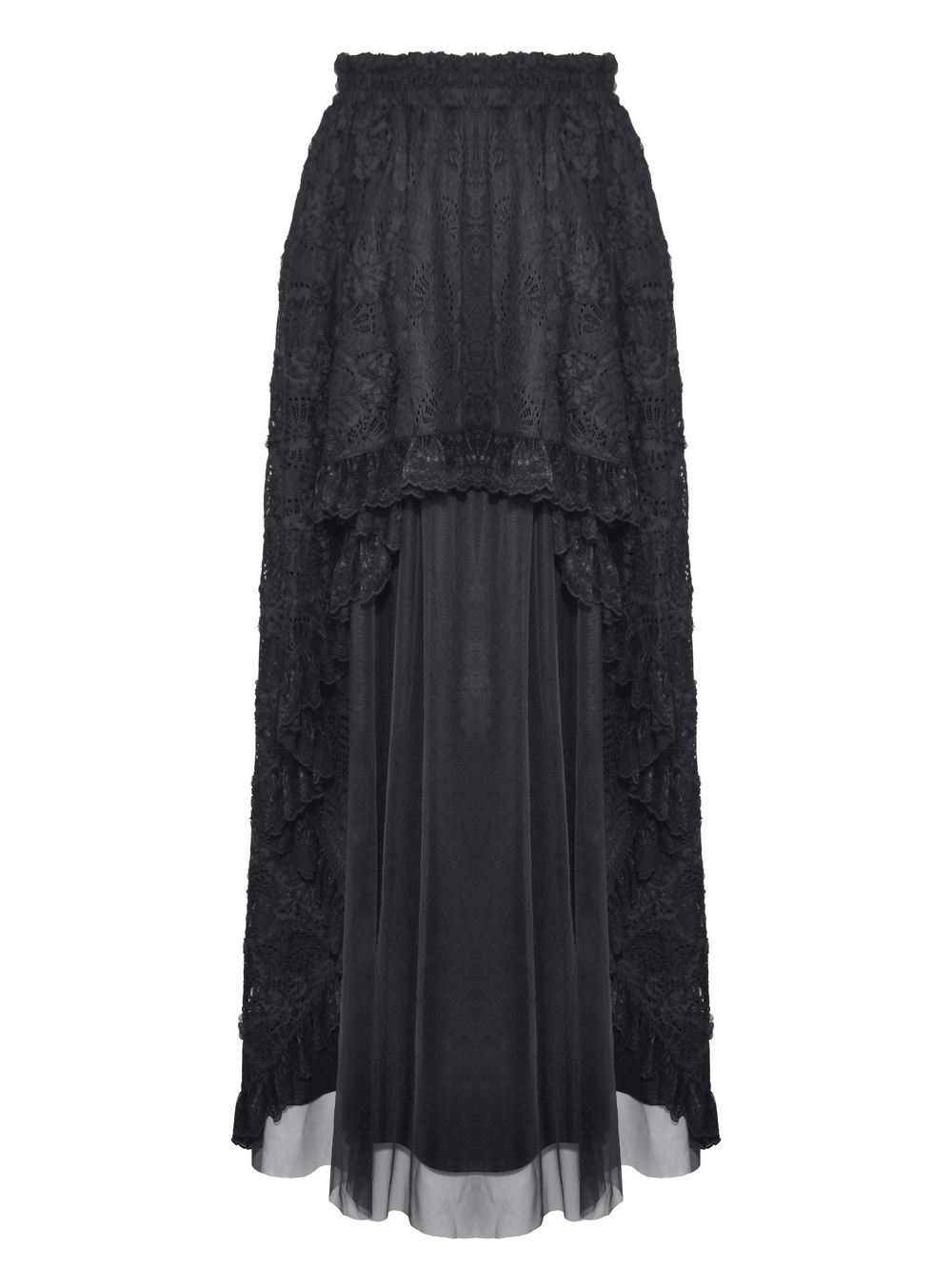 Elegant black lace layered maxi skirt with elastic waistband and high-low hem for a gothic chic look.