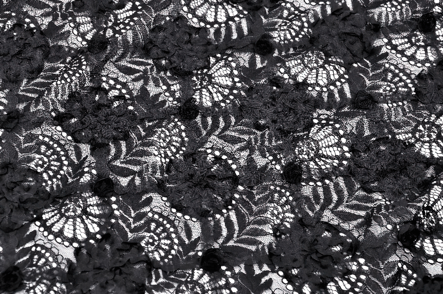 Elegant black lace fabric featuring intricate floral patterns and delicate textures, perfect for gothic-inspired designs.