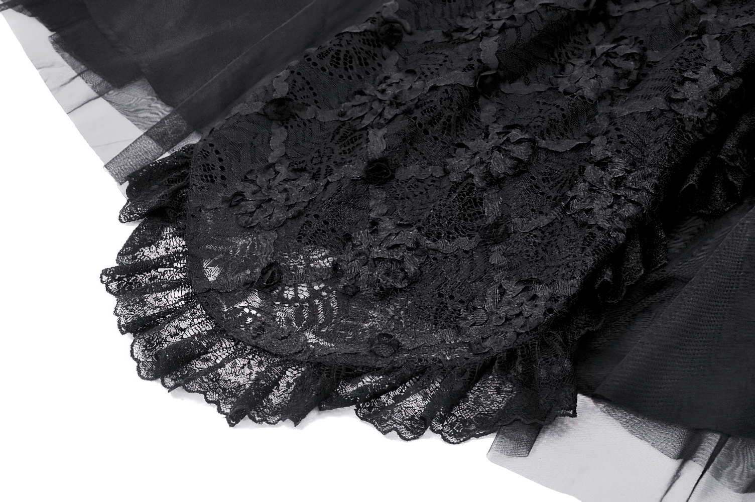 Elegant black lace layered skirt with floral design and ruffled hem, perfect for gothic-inspired fashion.