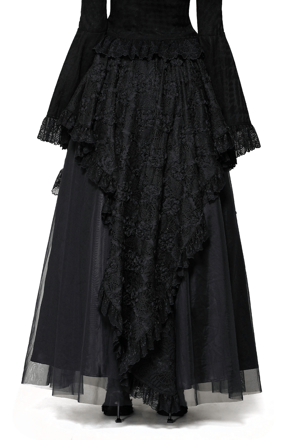 Elegant black layered maxi skirt featuring intricate lace overlay and flowing asymmetrical hemline. Perfect for gothic sophistication.