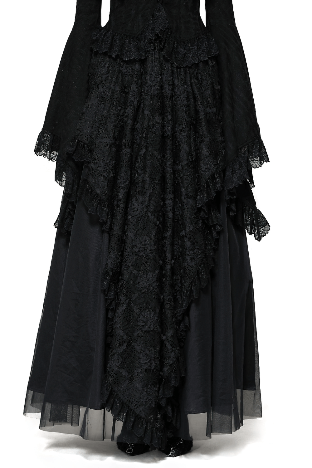 Elegant black lace layered maxi skirt with flowing ruffles and asymmetrical hem for a gothic-inspired look.