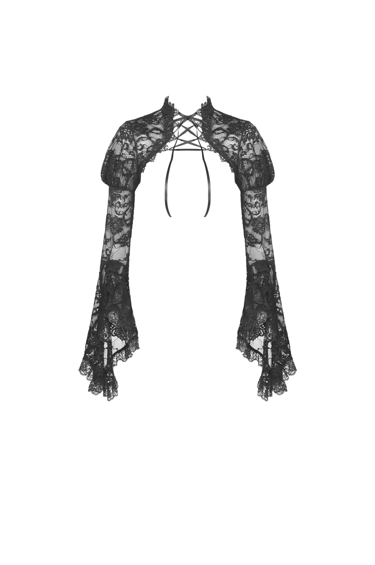 Elegant black lace bolero shrug with long trumpet sleeves and lace-up front, perfect for gothic fashion.