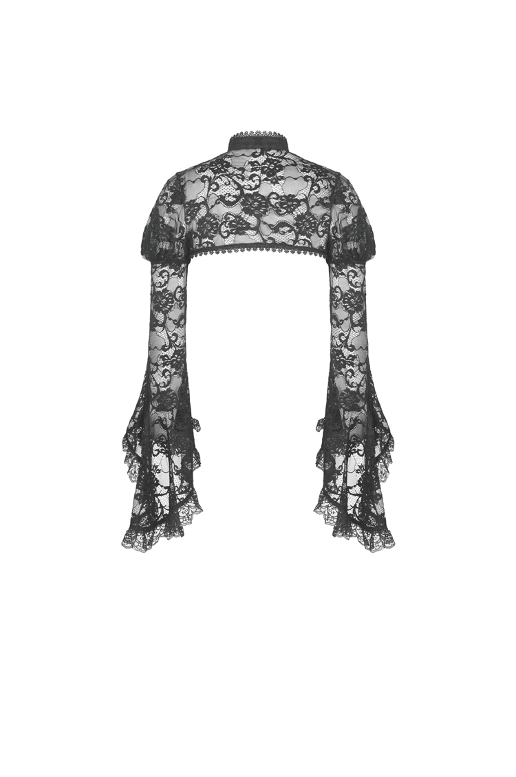 Elegant black lace bolero with dramatic long sleeves and sheer overlay, perfect for gothic romantic outfits.
